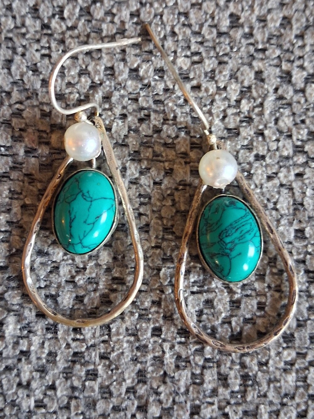 Turquoise Stone and Pearl Drop Earrings - Silver Tone